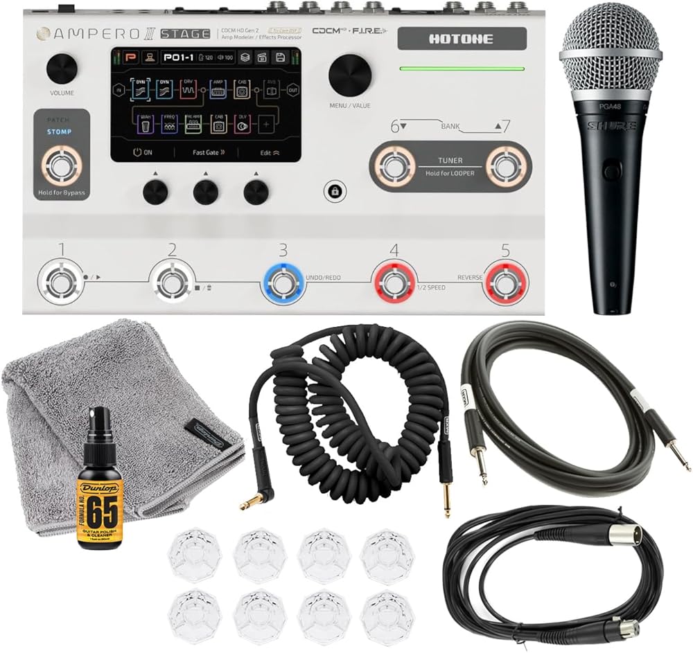 Hotone Ampero II Stage Multi-Effects Pedal Processor Guitar Amp Modeler Cab Simulation Dual Effect Chains w/FX Loop MIDI I/O Stereo OTG USB Audio Interface Tonebird Shure Mic MXR Cable Bundle MP-380
