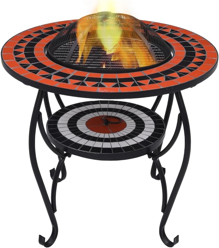 Multifunctional Fire Pit Table, Patio Decorative Table, Round Table for Camping, Outdoor Heating, Campfire and Picnic,Mosaic Fire Pit Table Terracotta and White 26.8