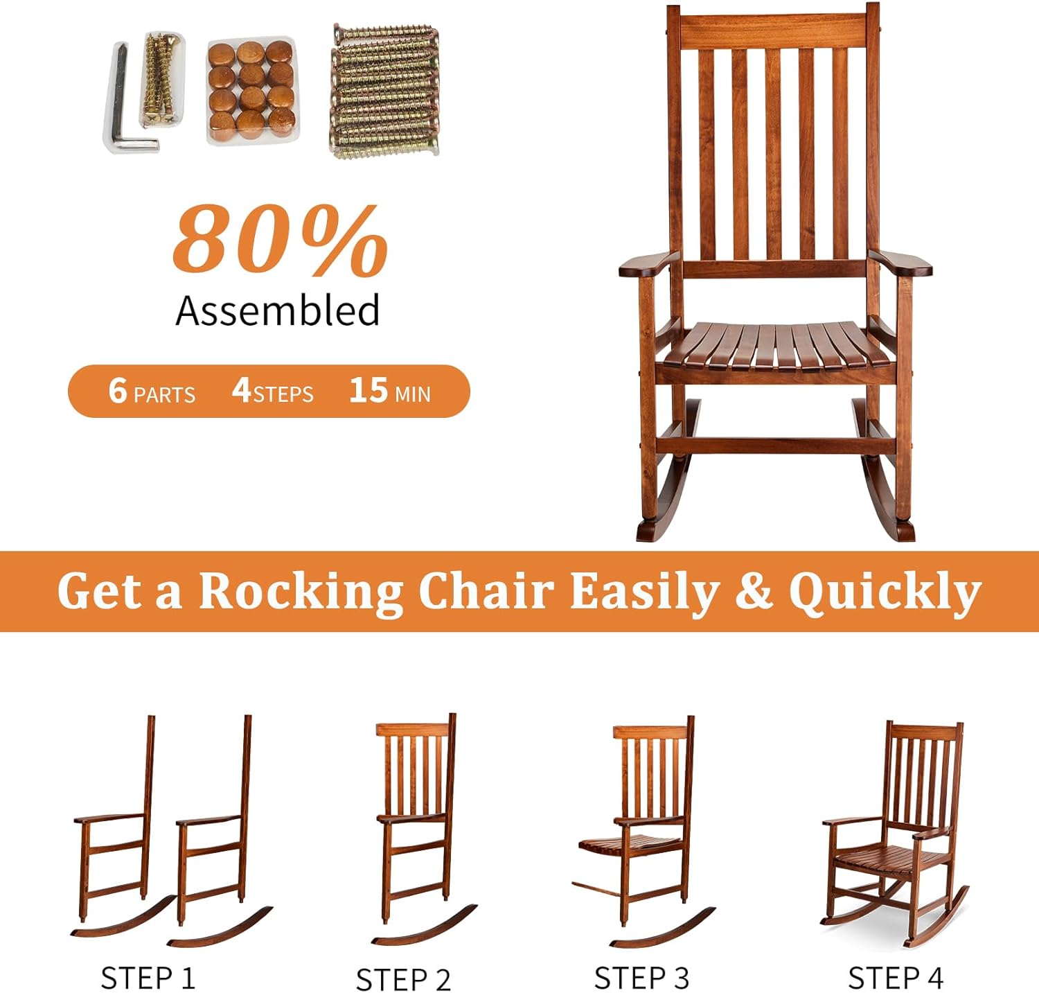 Outvita Outdoor Rocking Chair Set of 2, Solid Wood High Back Rocker, All Weather Lounge Chair for Porch Patio Fire Pit Garden Backyard Deck Indoor, Natural