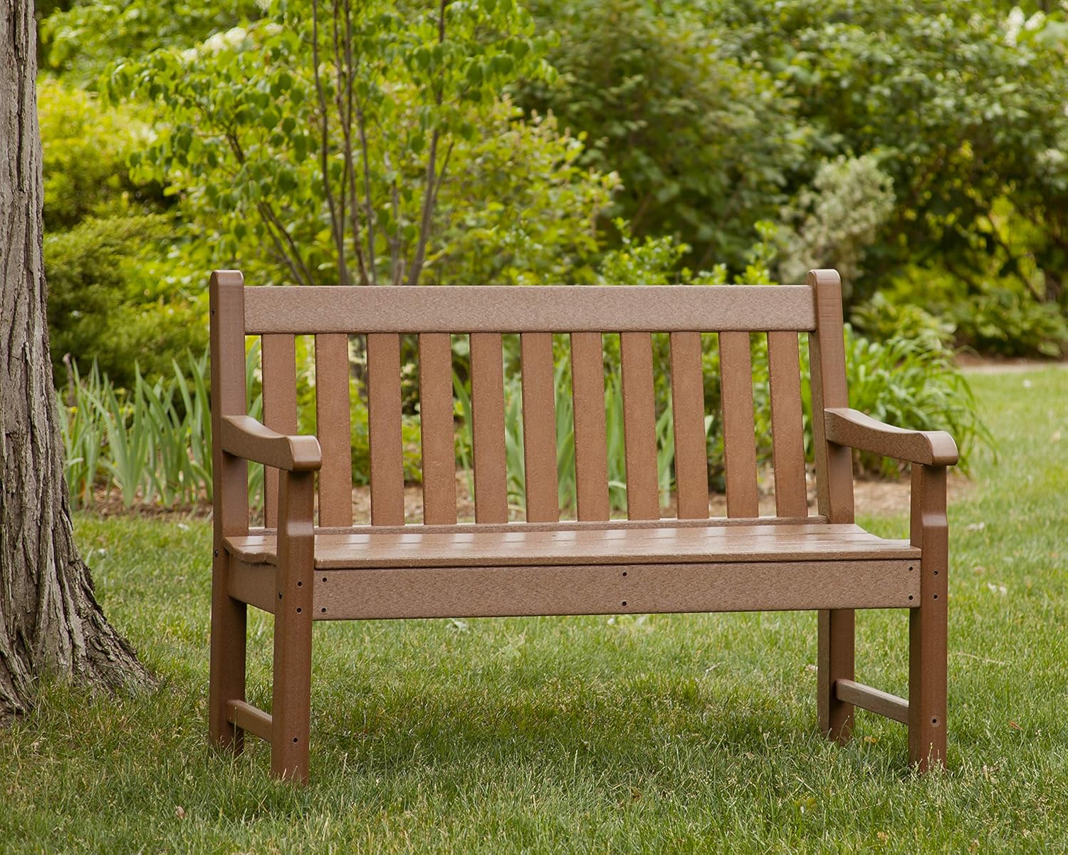 POLYWOOD Rockford 48-Inch Bench, Teak - Modern Outdoor Garden Bench for Patio, Porch & Backyard - Heavy Duty HDPE Front Entry Bench - Fire Pit Seating & Deck Furniture