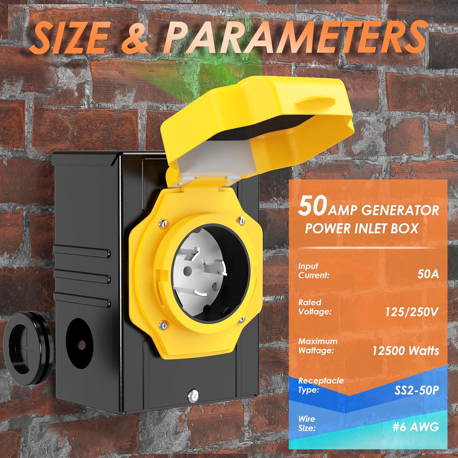 CircleCord 50 Amp Generator Inlet Box with Pre-Drilled 4 Big Wiring Holes, NEMA SS2-50P Power Inlet Box, 125/250 Volt, 12500 Watts with LED Power Indicator for Ourdoor Use, ETL Listed
