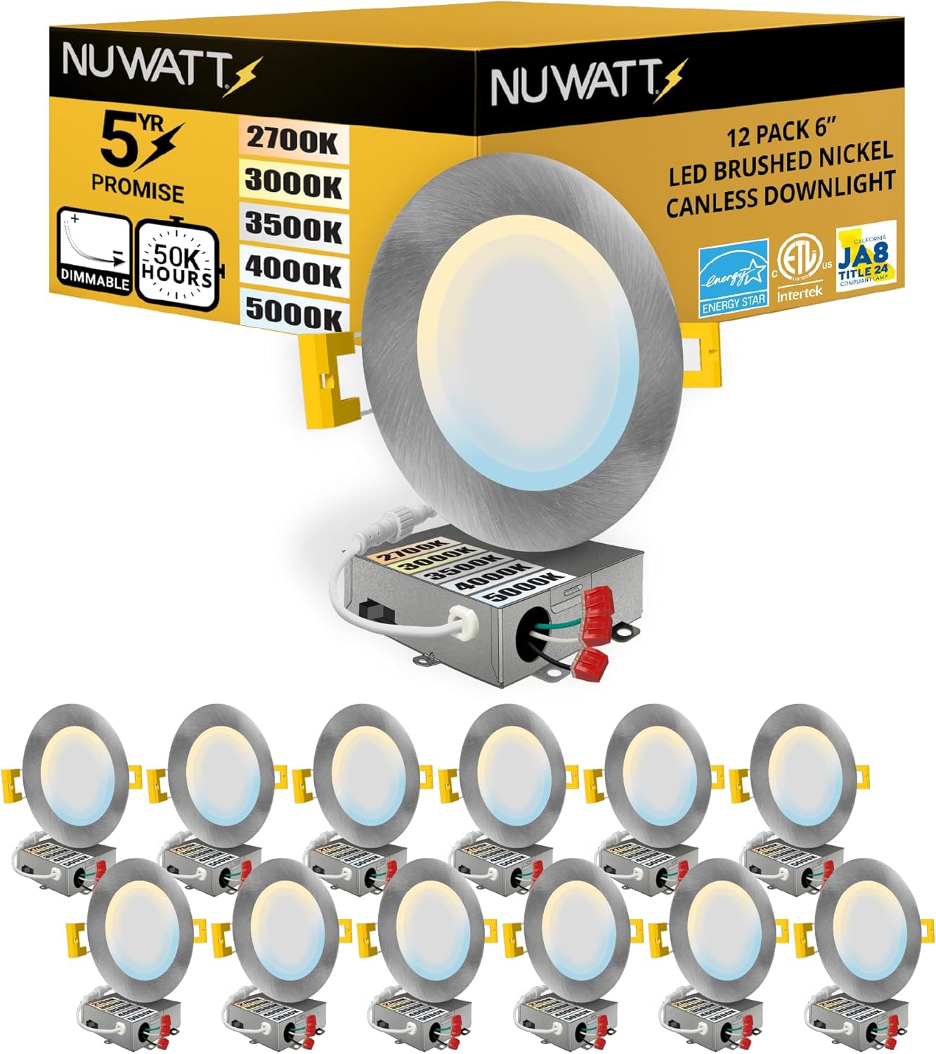 NUWATT 12 Pack 6 Inch Ultra Thin LED Recessed Lighting, Selectable 2700K/3000K/3500K/4000K/5000K, High Brightness 1050 Lumens, Dimmable, IC Rated, Brushed Nickel Canless LED Wafer Lights, Metal J-Box