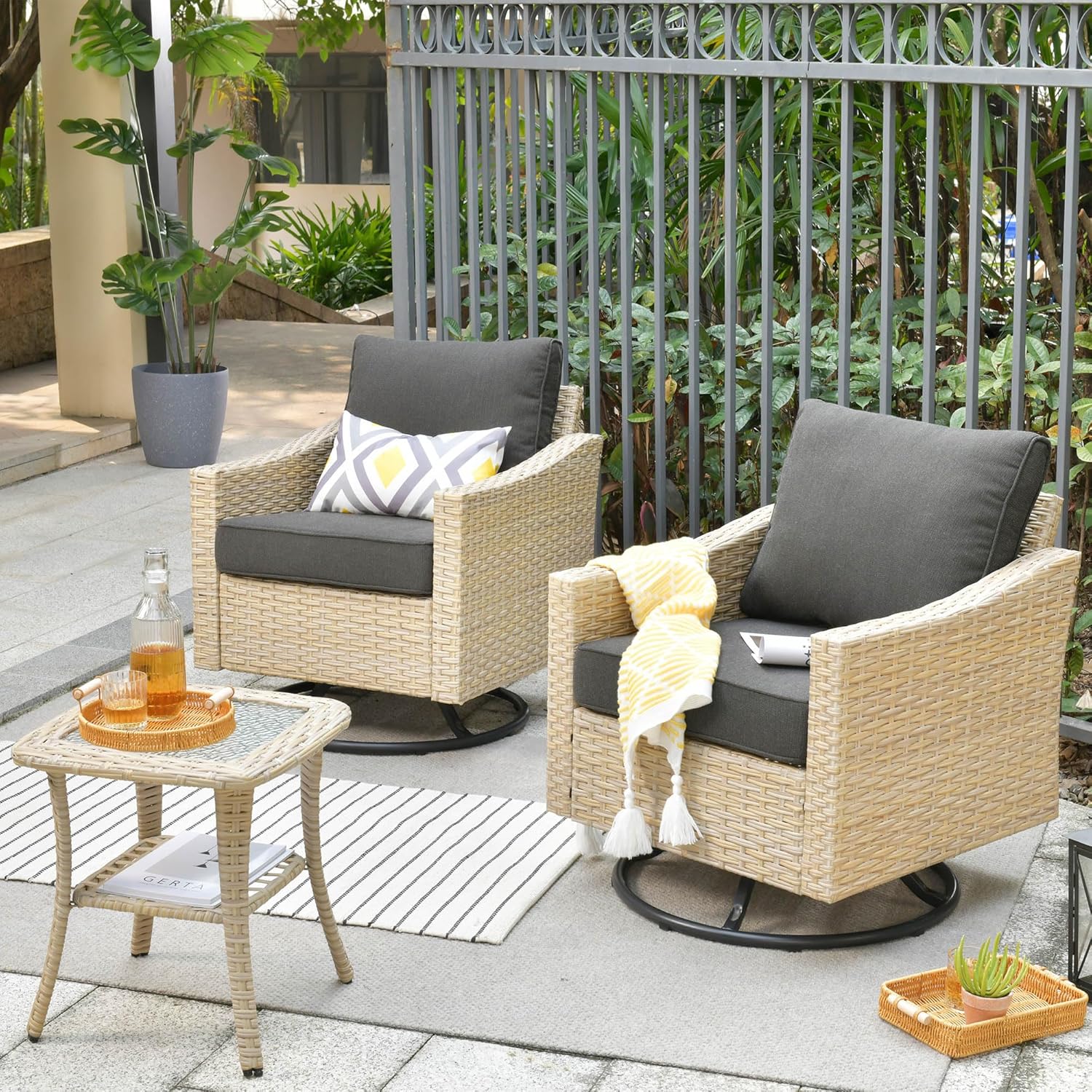 3 Pieces Outdoor Furniture Set Patio Bistro Rocking Chairs with Glass Side Table for Pool Beach Backyard Balcony Porch Deck Garden(Black)