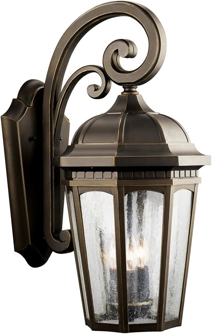 Kichler Courtyard 3-Light Outdoor Wall Light in Rubbed Bronze Finish with Clear Seeded Glass Shades for Porch, Patio and Garage Entryways, (22.25