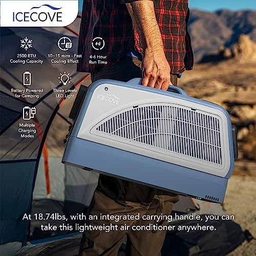 IceCove Portable Air Conditioner with Add-on 2 Batteries, 2500BTU Portable AC Unit, 250W Low Power Consumption, 25.5VDC, 2 Fan Speed, 3 Light Mode for Tent Camping RV Truck Van Life Home, Blue