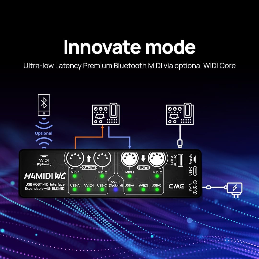 CME H4MIDI WC – Advanced USB Host MIDI Interface with Router, Filter, Mapper, Optional WIDI Bluetooth MIDI, Standalone 9V Power mode - Perfect for Guitarists and Producers