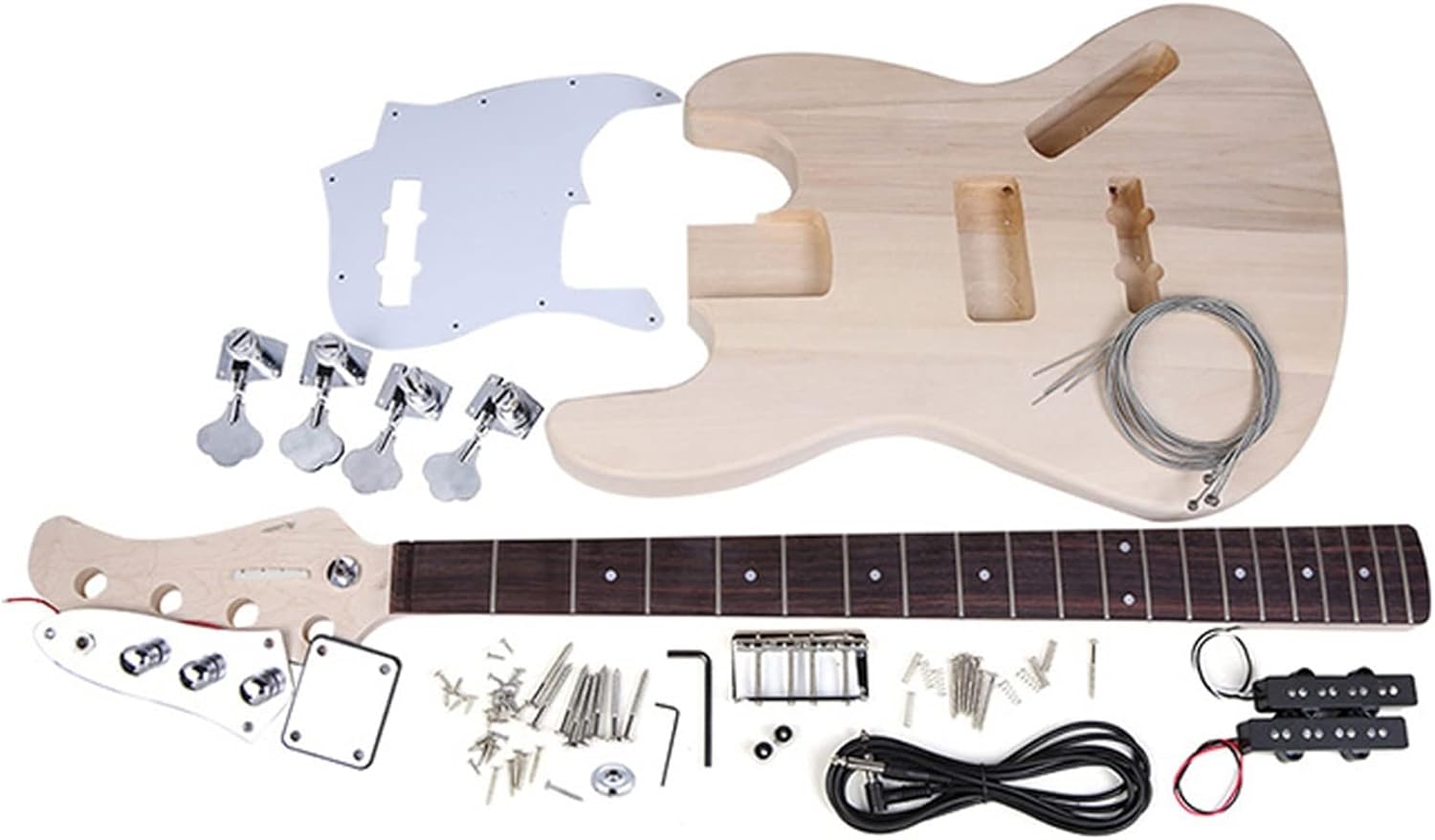 4-String Electric Bass Guitar DIY Kit Solid Basswood Body Maple Neck Rosewood Fingerboard DIY Kit Set Unfinished Guitar Set