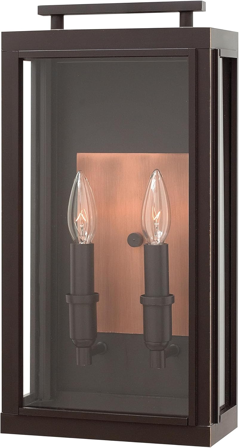 Hinkley Sutcliffe Outdoor Medium Wall Mount Lantern - Traditional, 2-Light, Aluminum, Clear Glass - Oil Rubbed Bronze with Antique Copper Accents