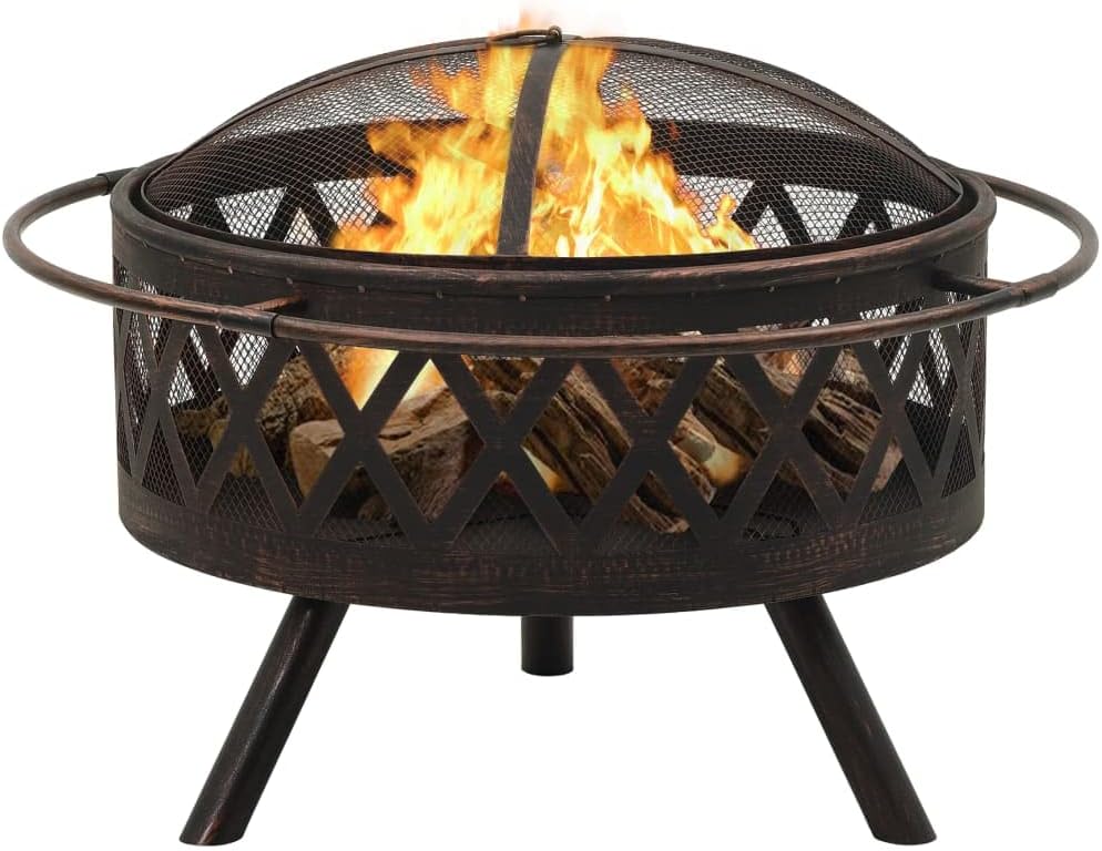 Outdoor Fire Pit Bowl Outdoor Wood Burning Grill, Rustic Fire Pit with Poker 29.9