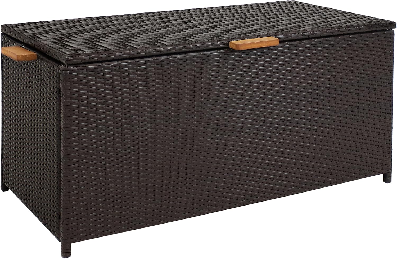 Sunnydaze Faux Wicker Storage Box - Outdoor Deck Box with Handles - 75-Gallon Front Door Package Delivery Box with Hinged Lid - Brown