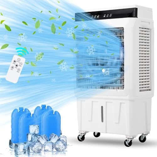 Evaporative Air Cooler, 4100CFM Swamp Cooler Air Conditioner with 4 Ice Packs & Remote Control, 3 Modes & Wind Speeds, 12H Timer, 8.4 Gallon Water Tank, for Outdoor, Indoor, Garage (8.4 Gallon)