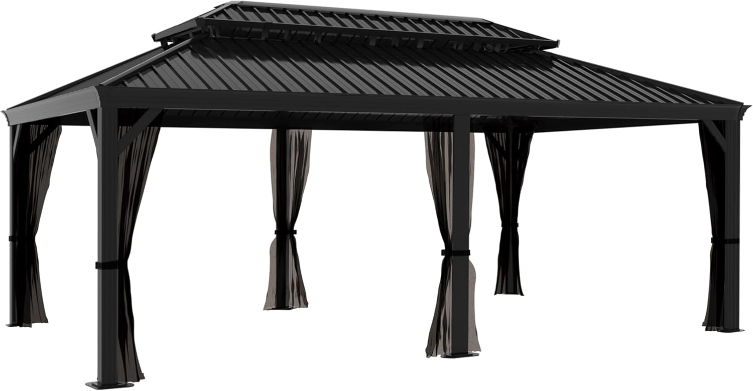 BlueWish 14x20 FT Hardtop Gazebo Canopy with Double Galvanized Steel Roof, Permanent Outdoor Pavilion with Mesh Netting for Patio. Garden, Backyard, Black