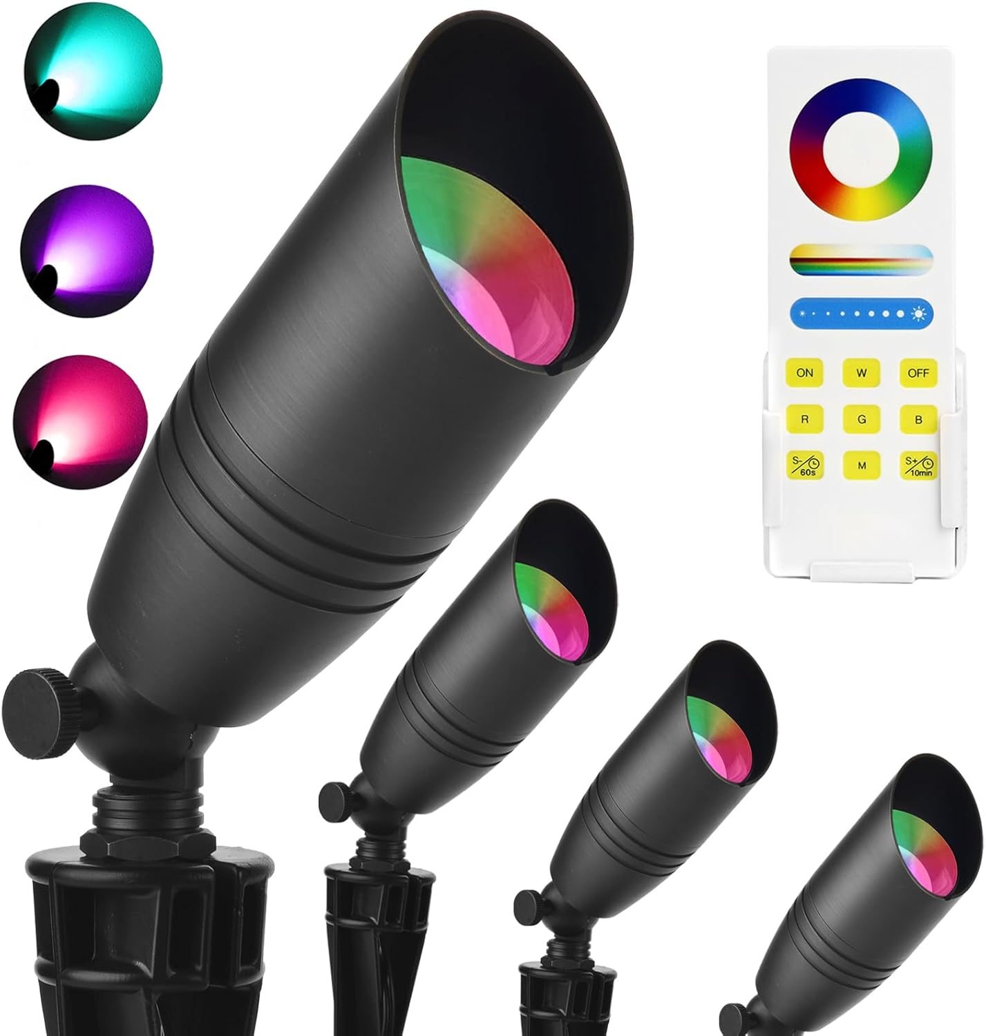 RGB Low Voltage Landscape Lighting, Color Changing Aluminium Landscape Lights with 4 MR16 Light Bulbs, 12V Outdoor Spot Lights for Yard Garden Pathway Lawn Decorative, ETL Listed