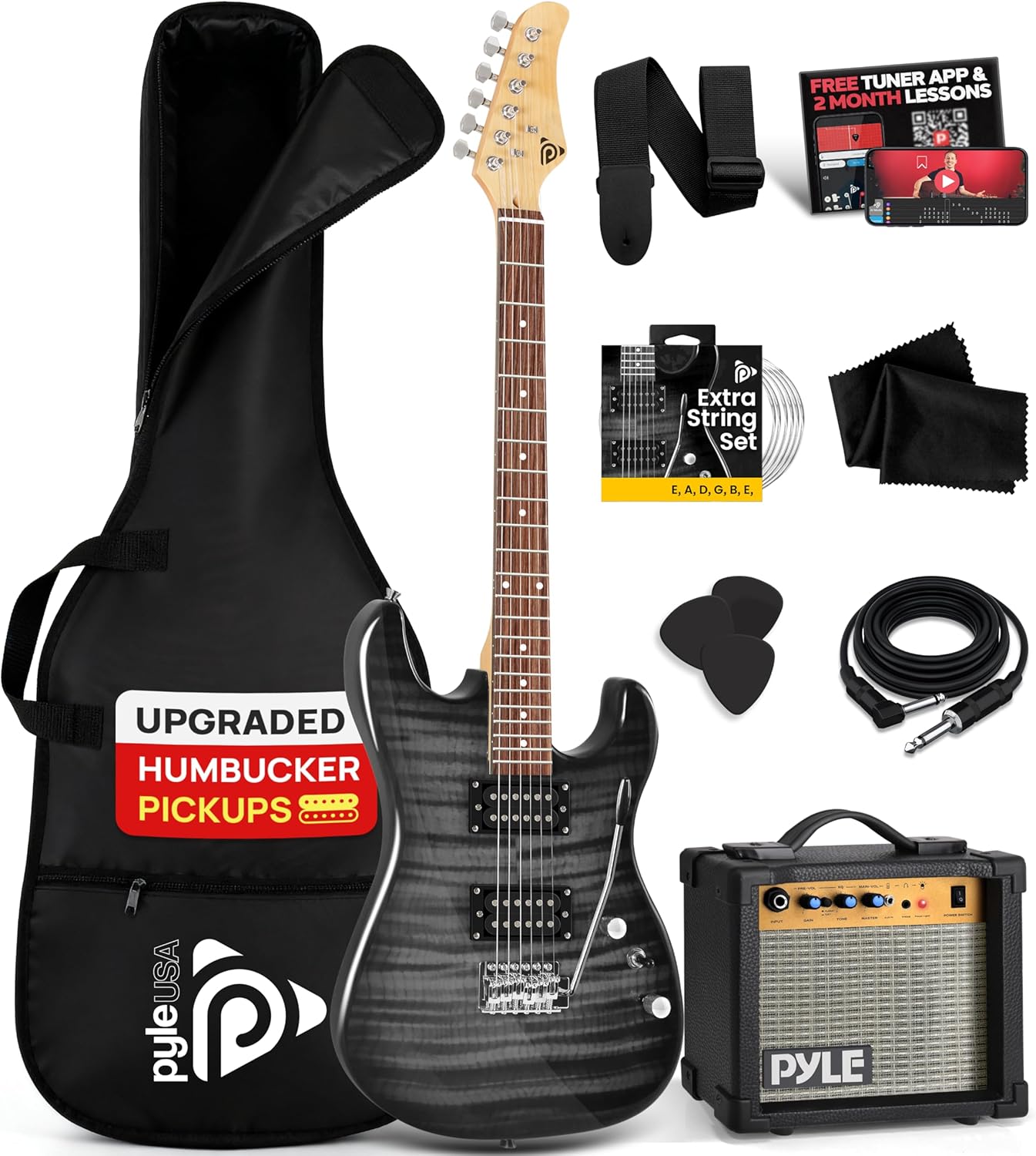 Pyle Electric Guitar Kit with Amp for Beginners Full Size 39” Instrument Package with Humbucker Pickups and Rock Amplifier Starter Set Bundle for Kids All Ages, Youth and Adults