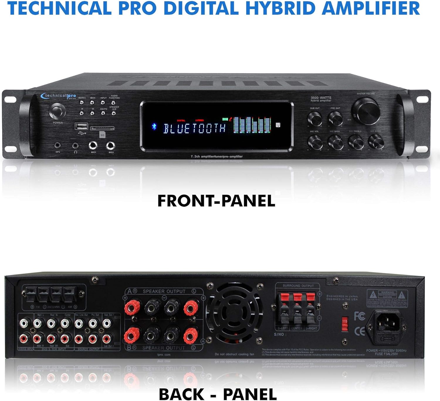 Technical Pro 3500 Watts Digital Hybrid Amplifier, Preamp/Tuner with USB SD Card Inputs, FM Radio, Recorder, Bluetooth, & Remote Control