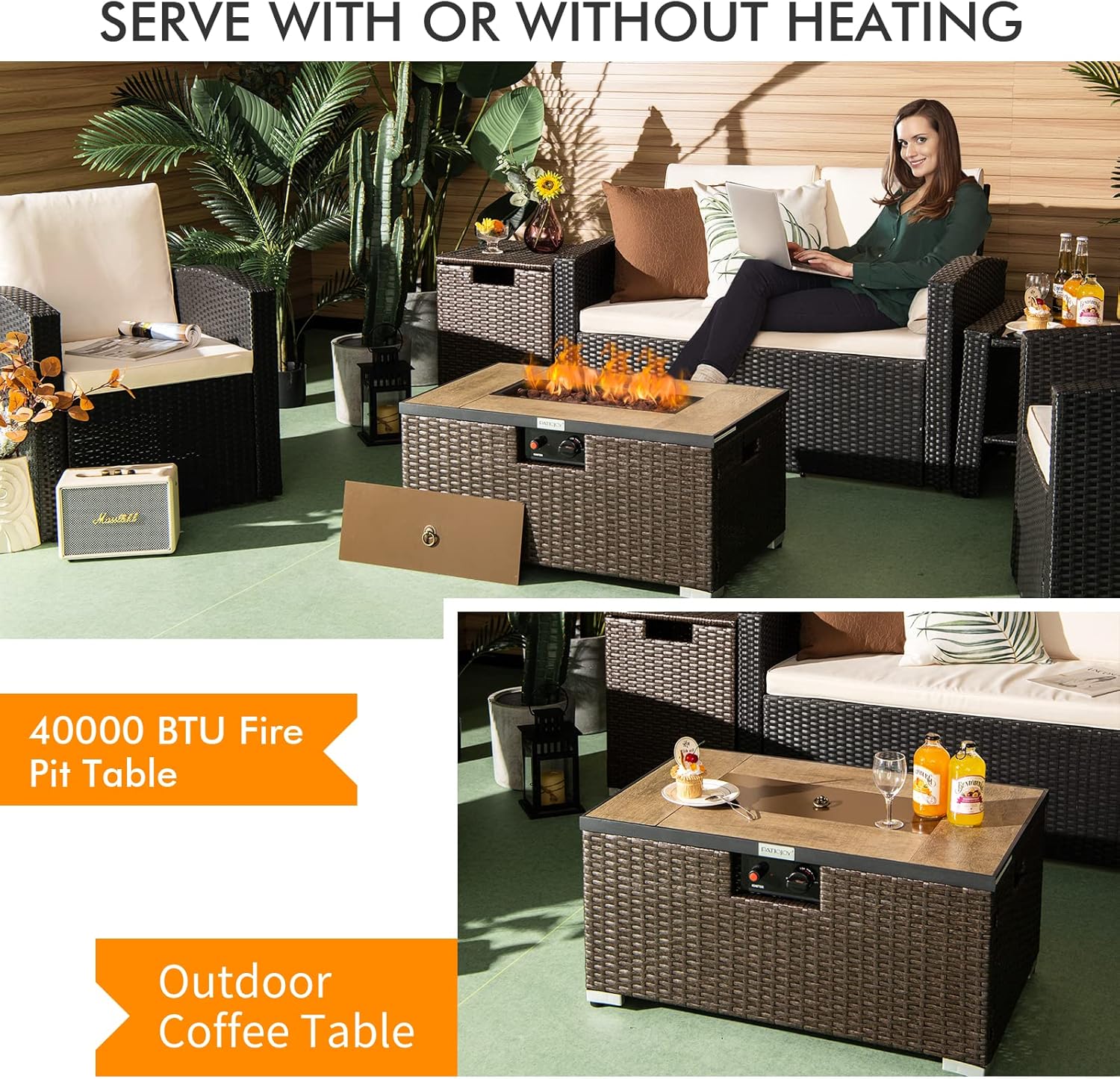 Tangkula 2 Piece Outdoor Propane Fire Pit Table Set with Hideaway Propane Tank Holder, 40,000 BTU Rattan Wicker Fire Pit Table with Lava Rocks, Waterproof Cover, Ideal for Backyard, Patio (Brown)