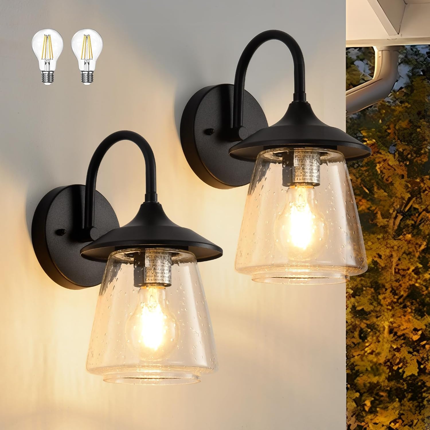 Outdoor Wall Sconce, Exterior Waterproof Wall Light Fixture, Outside Porch Light with Bubble Glass Shade, Matte Black Outdoor Wall Lantern for Patio, Garage, entryway, 2-Pack