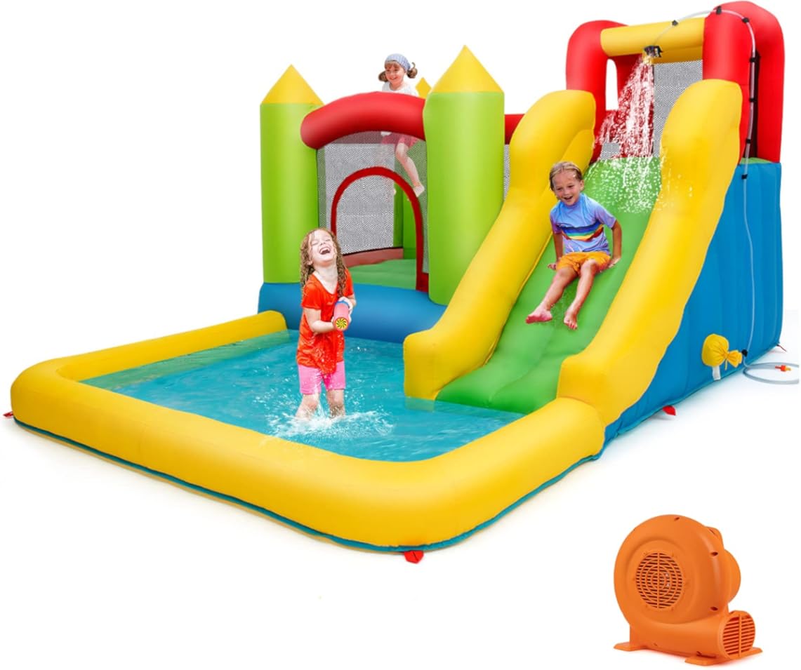 OLAKIDS Inflatable Water Slide, Bouncing House with Slide, Jumping Area, Splash Pool, Climbing Wall, Outdoor Jumper Castle Water Park with Hose, Carry Bag, Repairing Kit (with 550W Blower)