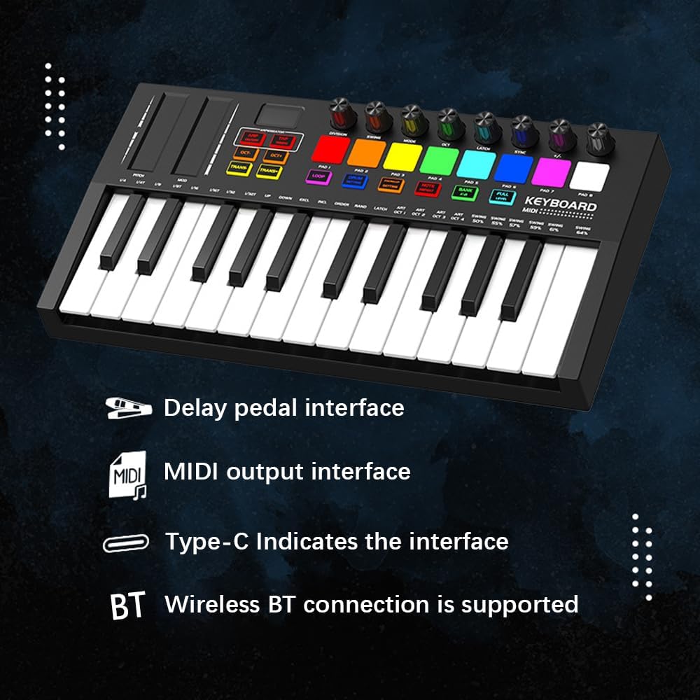 25 Key MIDI Keyboard Midi Controller Beat Maker Professional Electronic Audio Intelligent Portable Arranging Strike Pad Keyboard Piano Lightweight USB 5V/1A Type-C