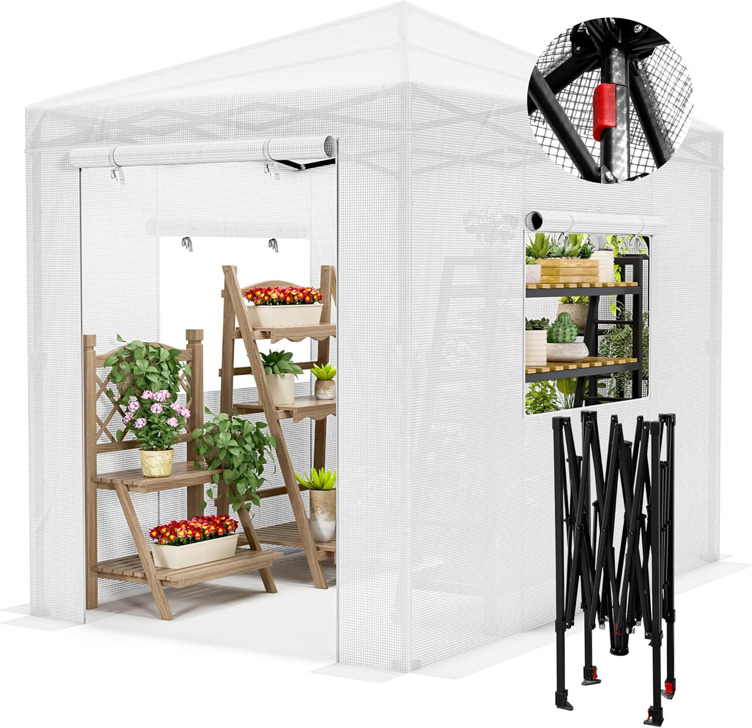 Devoko 8x6 FT Walk-in Greenhouse, Instant Pop Up Green House for Outdoors with PE Cover, Zippered Door and 2 Roll-up Windows, Portable and Easy Assemble (White)
