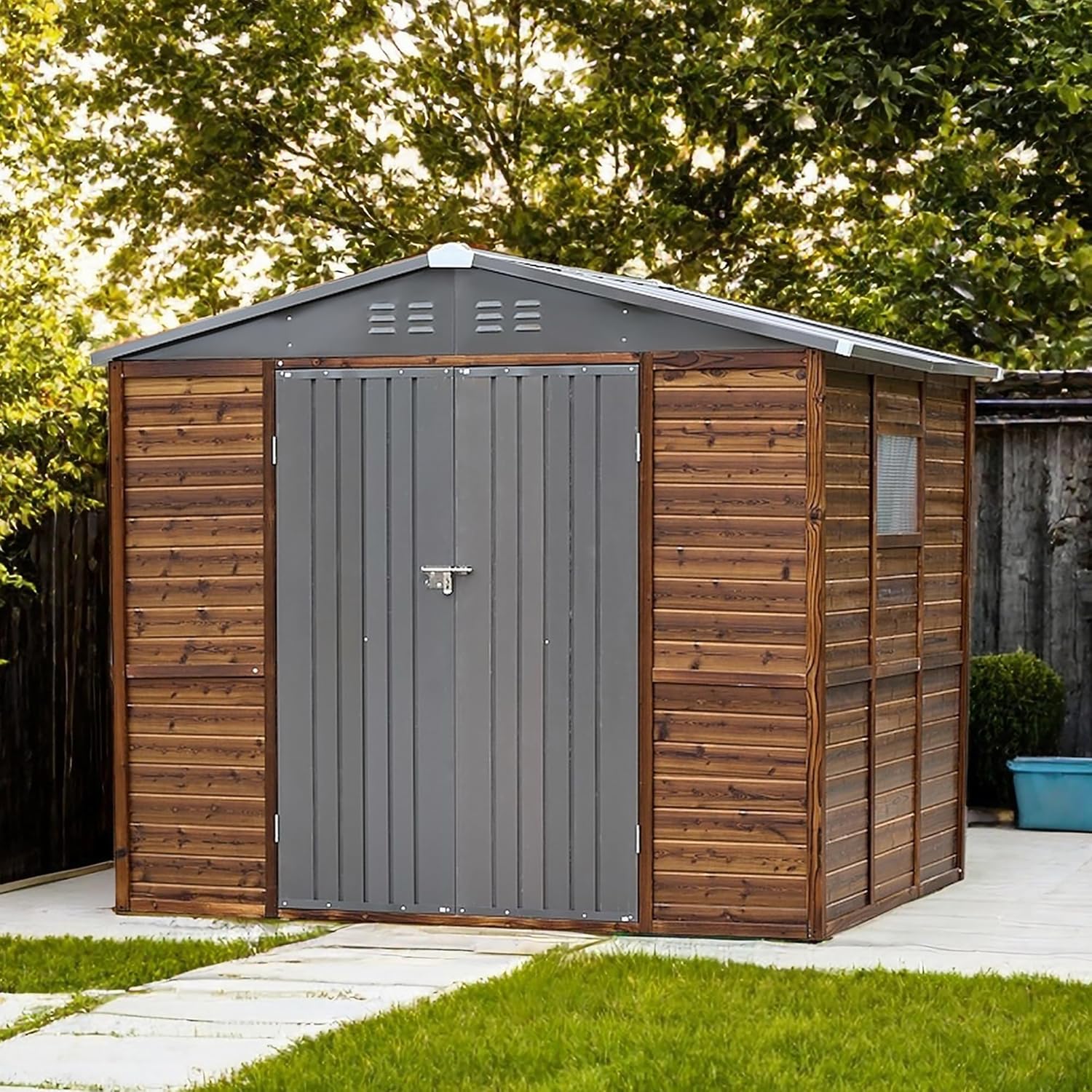 Outdoor Storage Shed, Iron-Wood Combination Tool Shed with Lockable Door & Shutter Vents, Waterproof Storage Garden House for Backyard Lawn Patio (6X8FT)