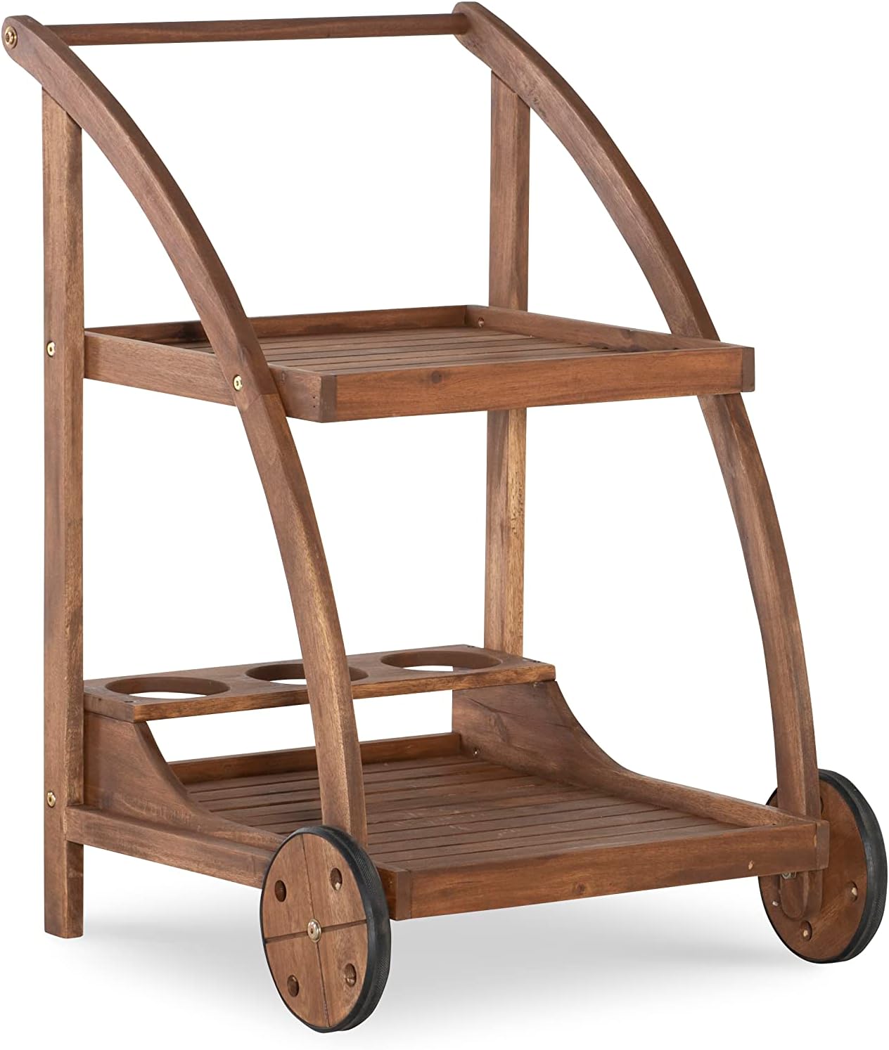 Linon Chandler Acorn Finished Acacia Wood Outdoor Bar Trolley with Three Bottle Glass Holders