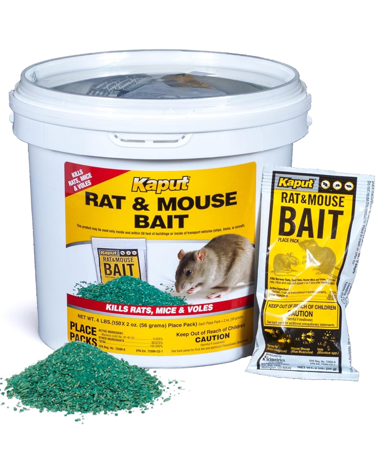 Kaput Rat & Mouse Bait- Effective Warfarin Formula for Rodent Control - Low Toxicity Rat Bait, Safe for Pets & Wildlife - Indoor & Near-Building Use, 150 Packets, 2 oz Each
