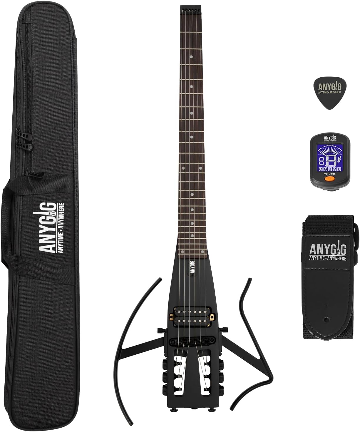 Travel Electric Guitar Headless – Portable Ultra-Light and Quiet, Full-Scale 25.5” Rosewood Fingerboard, Glow Humbucker, Gig Bag, Removable Stands for Left and Right Black