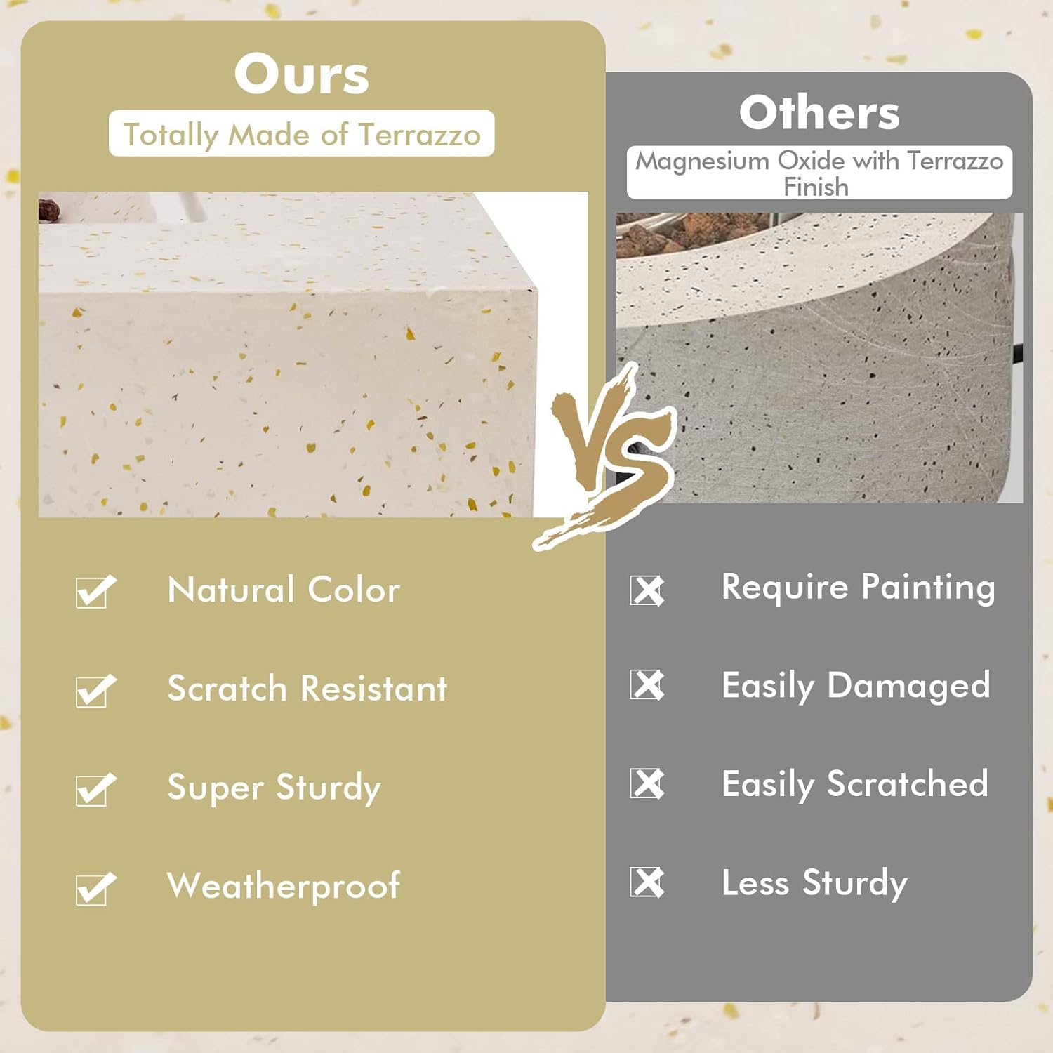 MAT EXPERT 42” Propane Fire Pit Table, 50,000 BTU Terrazzo Rectangle Fire Pit with Lava Rocks & Stainless Steel Burner, Rain Cover, Gas Fire Pits for Outdoor Patio & Backyard, CSA Certified (White)