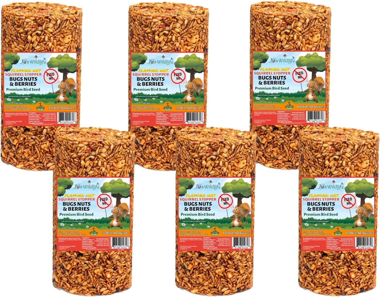 JCs Wildlife Squirrel Stopper Bugs Nuts & Berries Small Cylinder with Hole 1.5lbs (6-Pack)