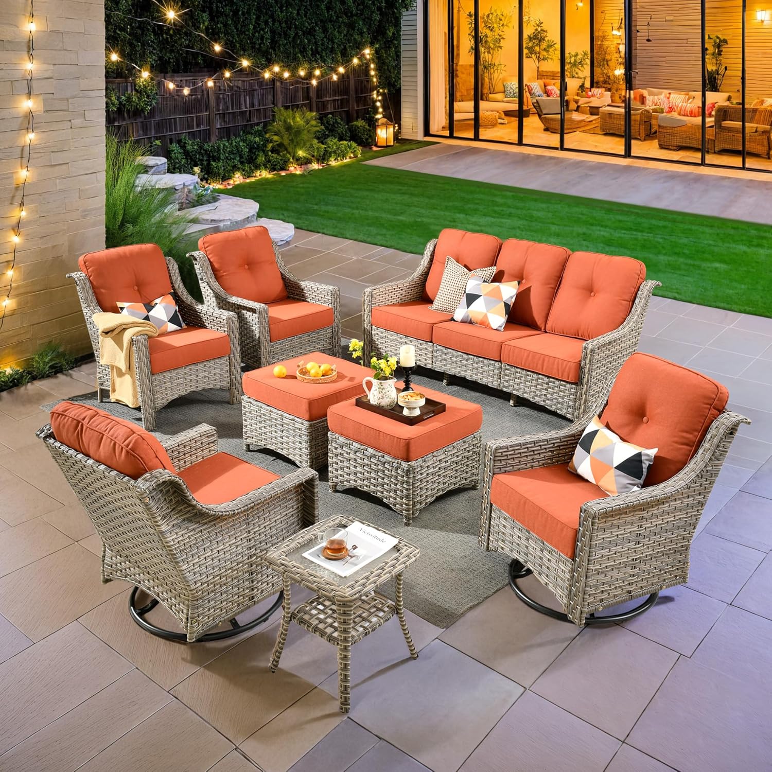 Outdoor 8 Pieces Coversation Set with Swivel Rocking Chair, Patio Furniture High Back Couch with Ottoman, Rattan Wicker 3-Seater Sofa for Porch Balcony Backyard,Red