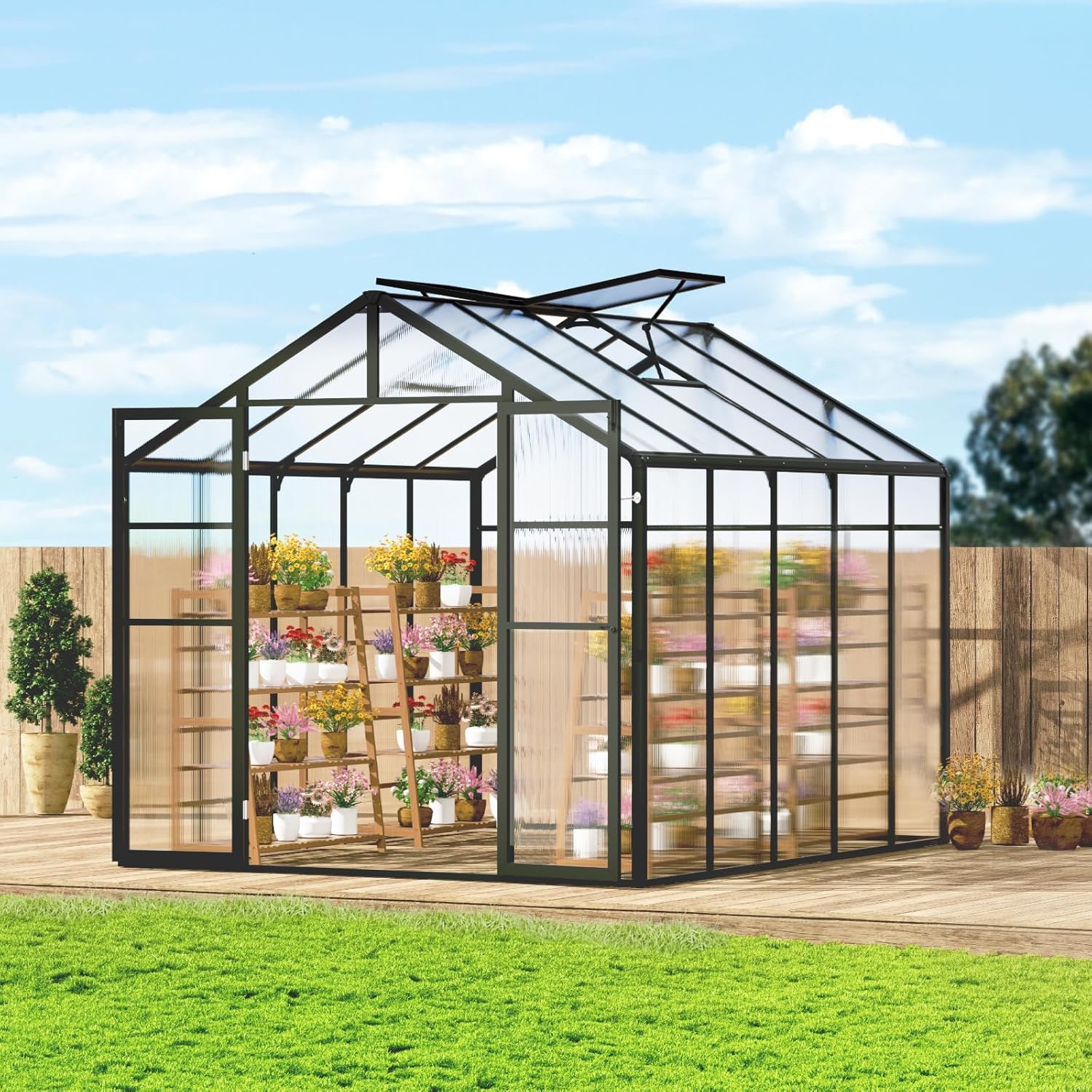 Happybuy Polycarbonate Greenhouse, 8 x 10 Ft, with 2 Vent Windows, Pavilion Styled Green House with Hinged Door, Aluminum Large Walk-in Green House Kit for Outside Garden Backyard