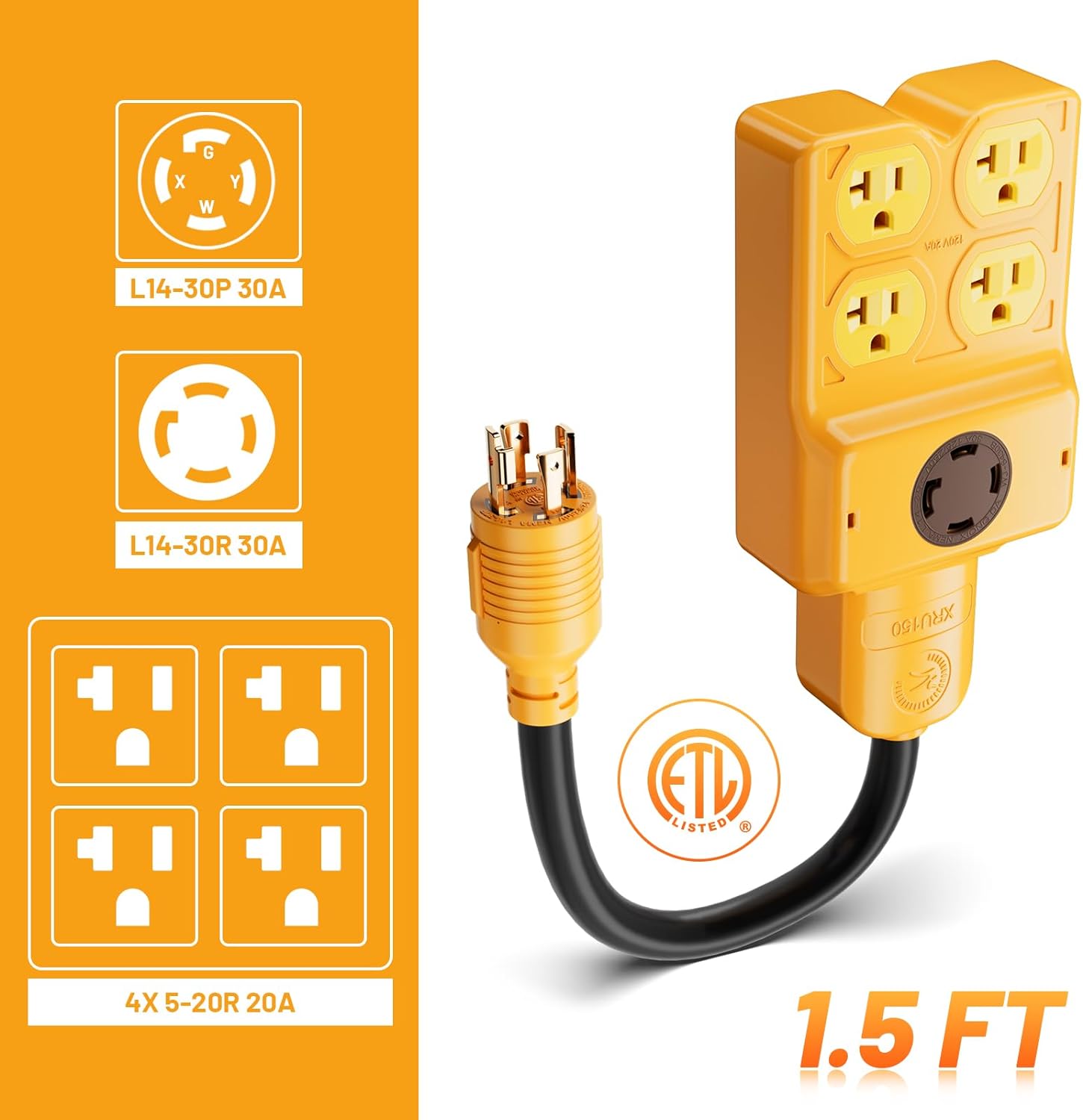 MECMO NEMA L14-30P to Four 5-20R/ 5-15R & L14-30R Generator Adapter Extension Cord with 4 Prong 30 Amp Generator Splitter Y Adapter NEMA L14-30P to 2X L14-30R