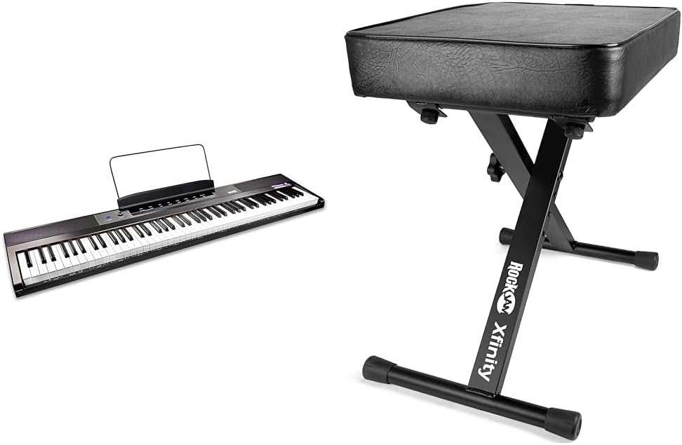 RockJam 88-Key Beginner Digital Piano with Full-Size Semi-Weighted Keys, Power Supply, Simply Piano App Content & Key Note Stickers, Black & KB100 Adjustable Padded Keyboard Bench, X-Style, Black