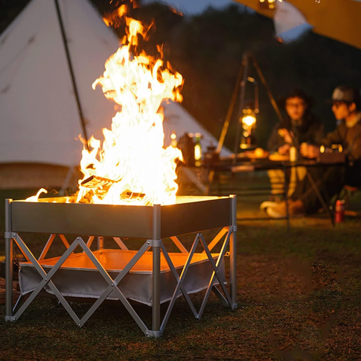 Collapsible Campfire Grill Camping Fire Pit, 304 Stainless Steel Grill Gate, Heavy Duty Portable Camping Grill with Carrying Bag，Square Firepit with Grill