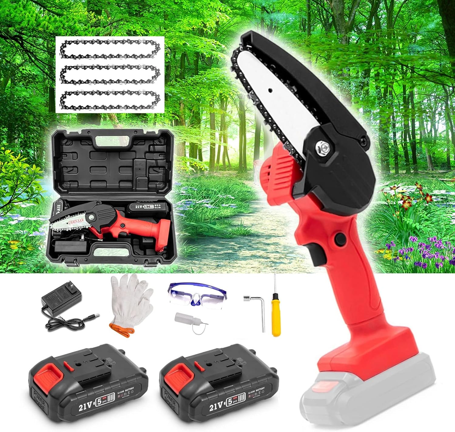 Mini Chainsaw 4 Inch Cordless,Super Lightweight and Powerful Handheld Mini Chain Saw with Security Lock,with 1500mAh 21V 2 Batteries Powered Kit and 4Pcs Chains,for Tree Trimming Branch Wood Cutting