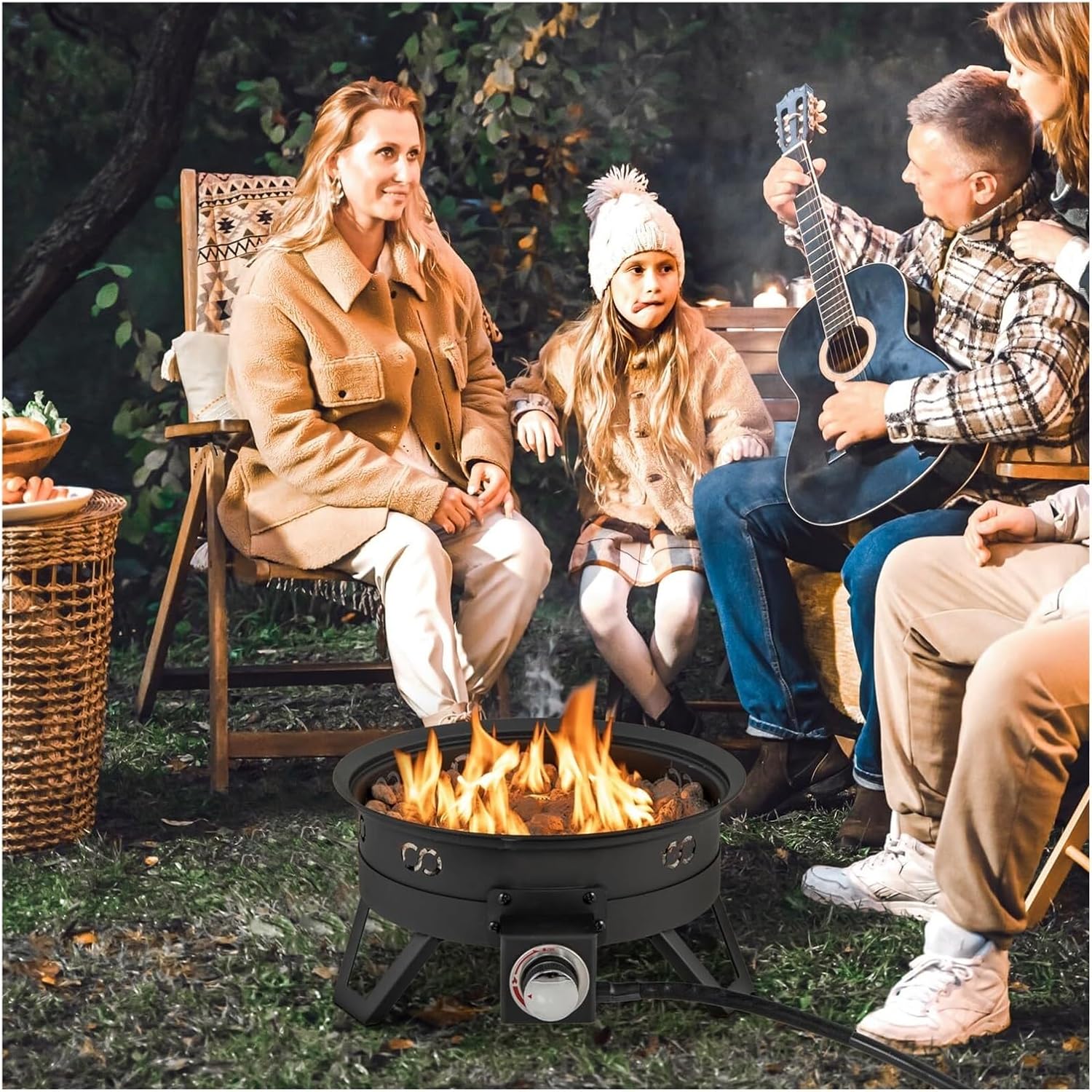 17 Inch Portable Propane Fire Pit for Camping or Backyard with Folding Legs Removable Grill Carrying Bag Lava Rocks Tank Seat Included Outdoor Tabletop Gas Fire Bowl for Patio Deck Travel BBQ