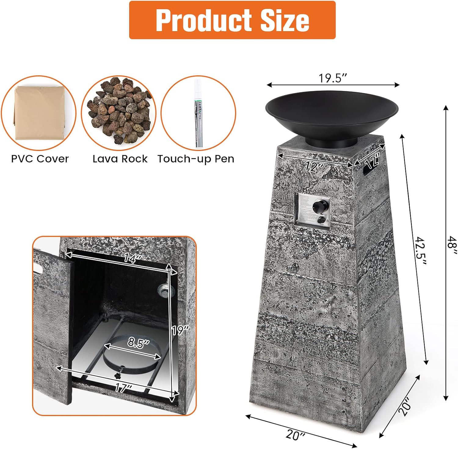 Tangkula 48 Inch Tall Patio Propane Fire Pit Tower, Patiojoy Outdoor Propane Fire Bowl Column with Stainless Steel Burner, Protective Cover & Lava Rocks, 30,000 BTU Gas Fire Pit for Garden, Patio