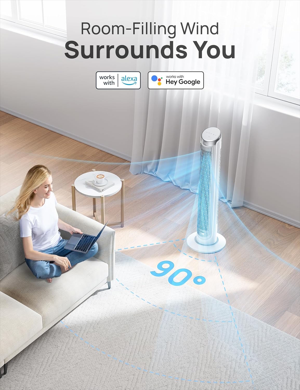Dreo Smart Tower Fan for Bedroom, Standing Fans for Indoors, 90° Oscillating, 26ft/s Velocity Quiet Floor Fan with Remote, 12H Timer, Voice Control Fans for Indoors, Compatible with Alexa