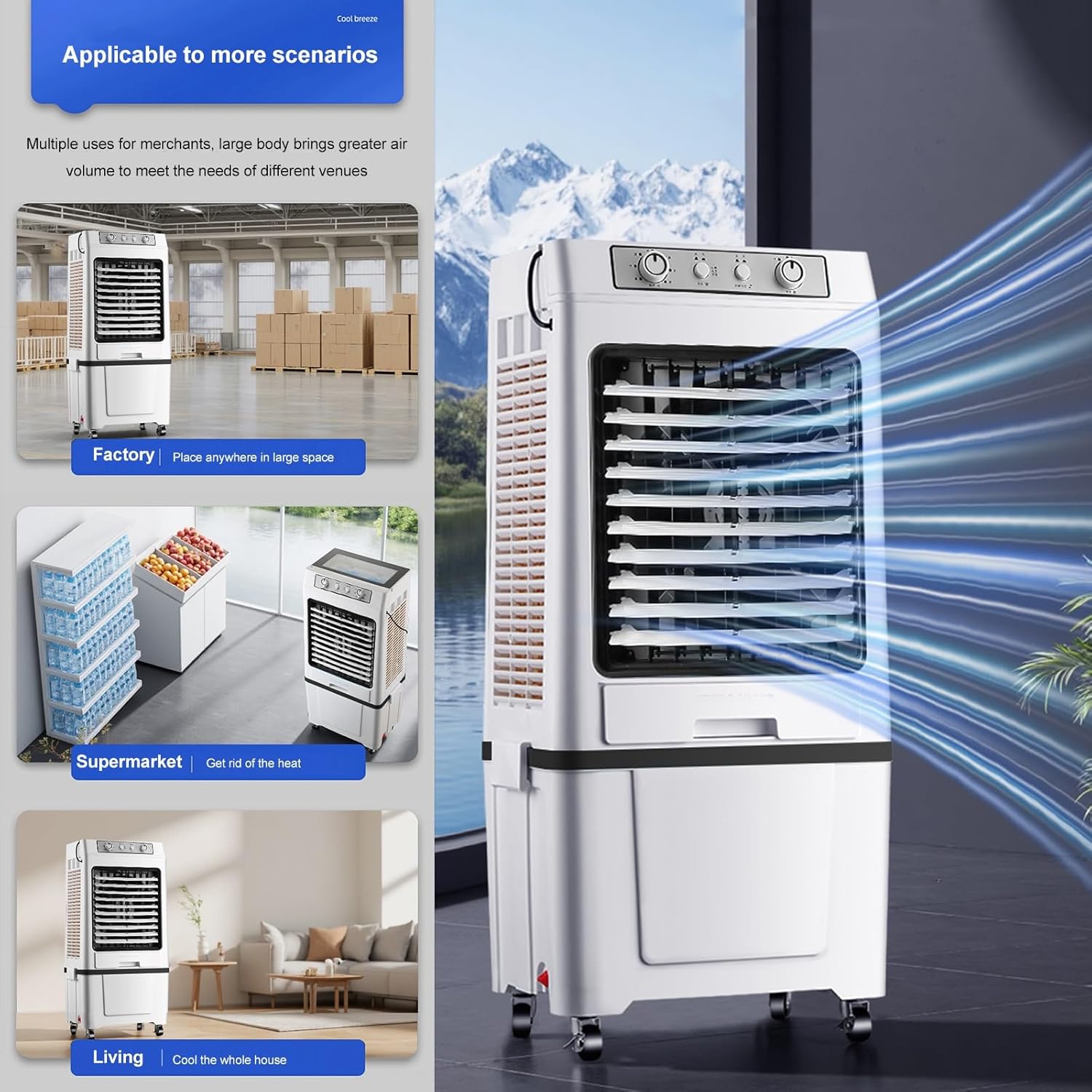 Swamp Cooler Air Conditioner Portable, 3-Speed Fan, 9000CFM Powerful Evaporative Air Cooler, 3-IN-1 Humidifying Cooling Fan for Home, Shop, Factory, Garage(Blue)