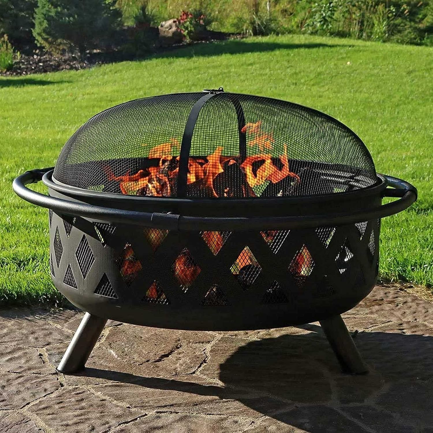 36 Inch Outdoor Fire Pit, Large Portable Wood Burning Firebowl with Cooking BBQ Area, Grill Grate for Garden Beach Camping
