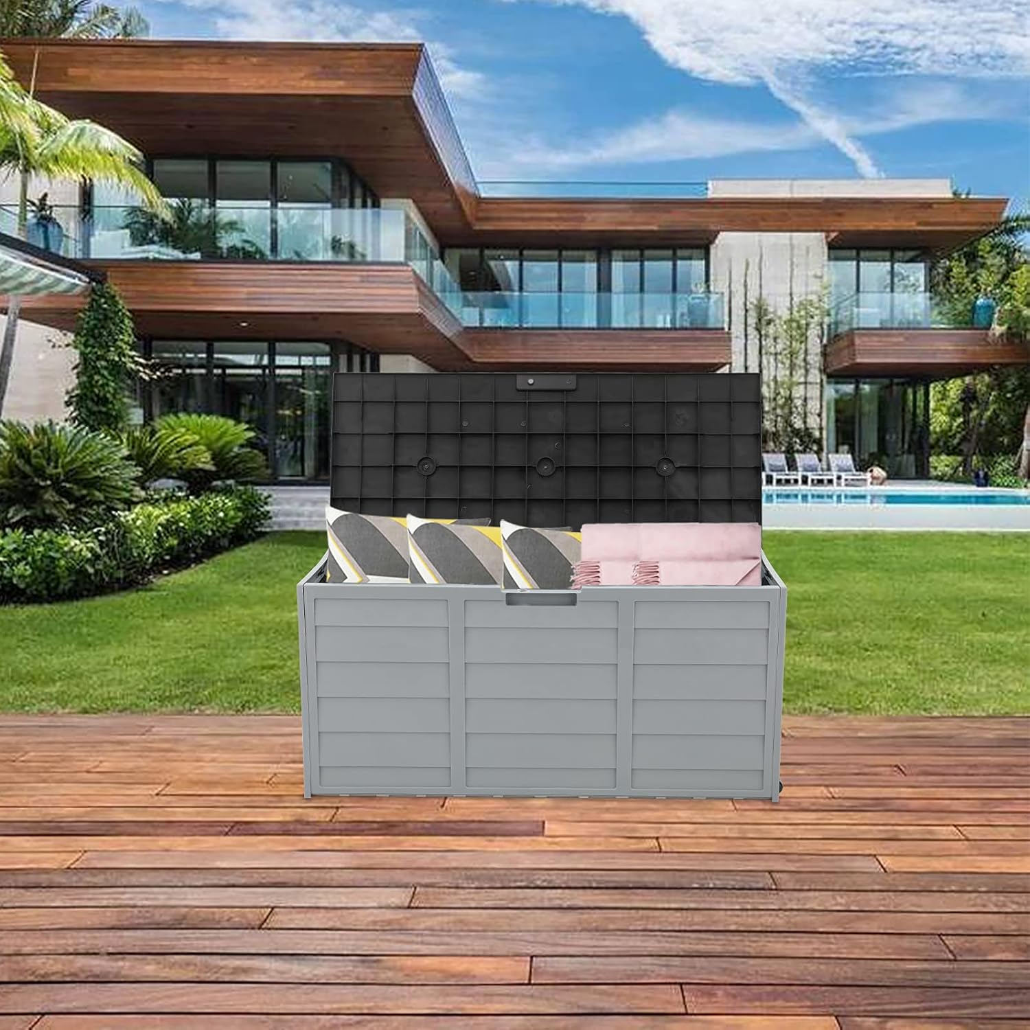 75Gal Outdoor Storage Box Deck Box Outdoor Garden Plastic Storage Deck Box Lockable Storage Box Outdoor Toy Box Patio Furniture for Garden Pool Balcony Yard Porch Delivery Black & Grey