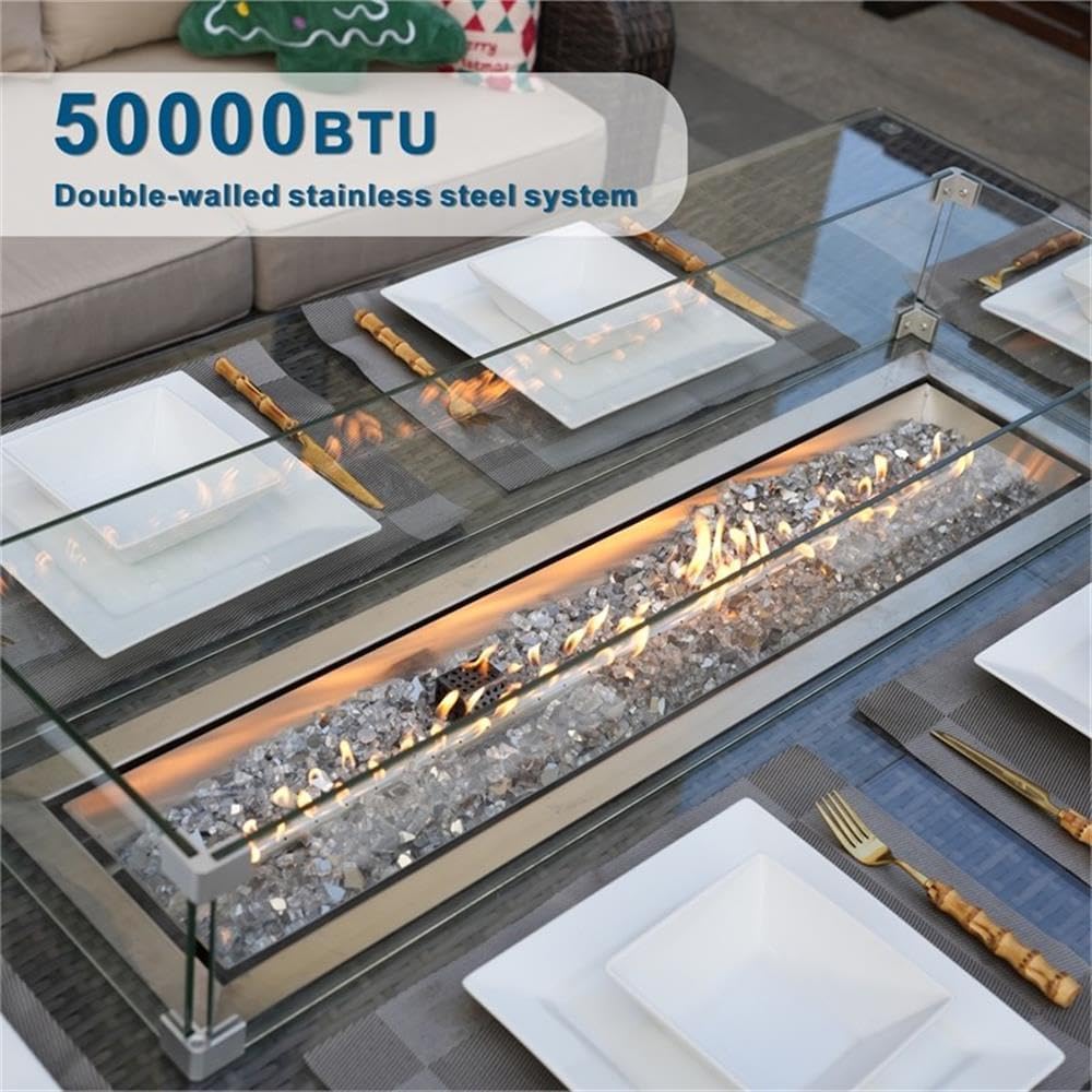 Direct Wicker Brown Aluminum Fire Pit Dining Table with Tempered Glass