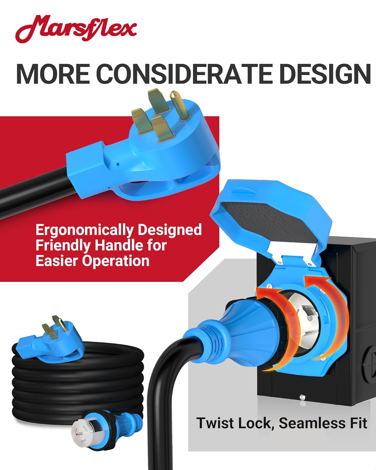 Marsflex 15FT 50 Amp Generator Cord and Power Inlet Box Kit, Pre-Drilled Inlet Box with NEMA 14-50P / SS2-50R Generator Cord, for 125/250 Volt 12500 Watts, Weatherproof Outdoor to House, ETL Listed