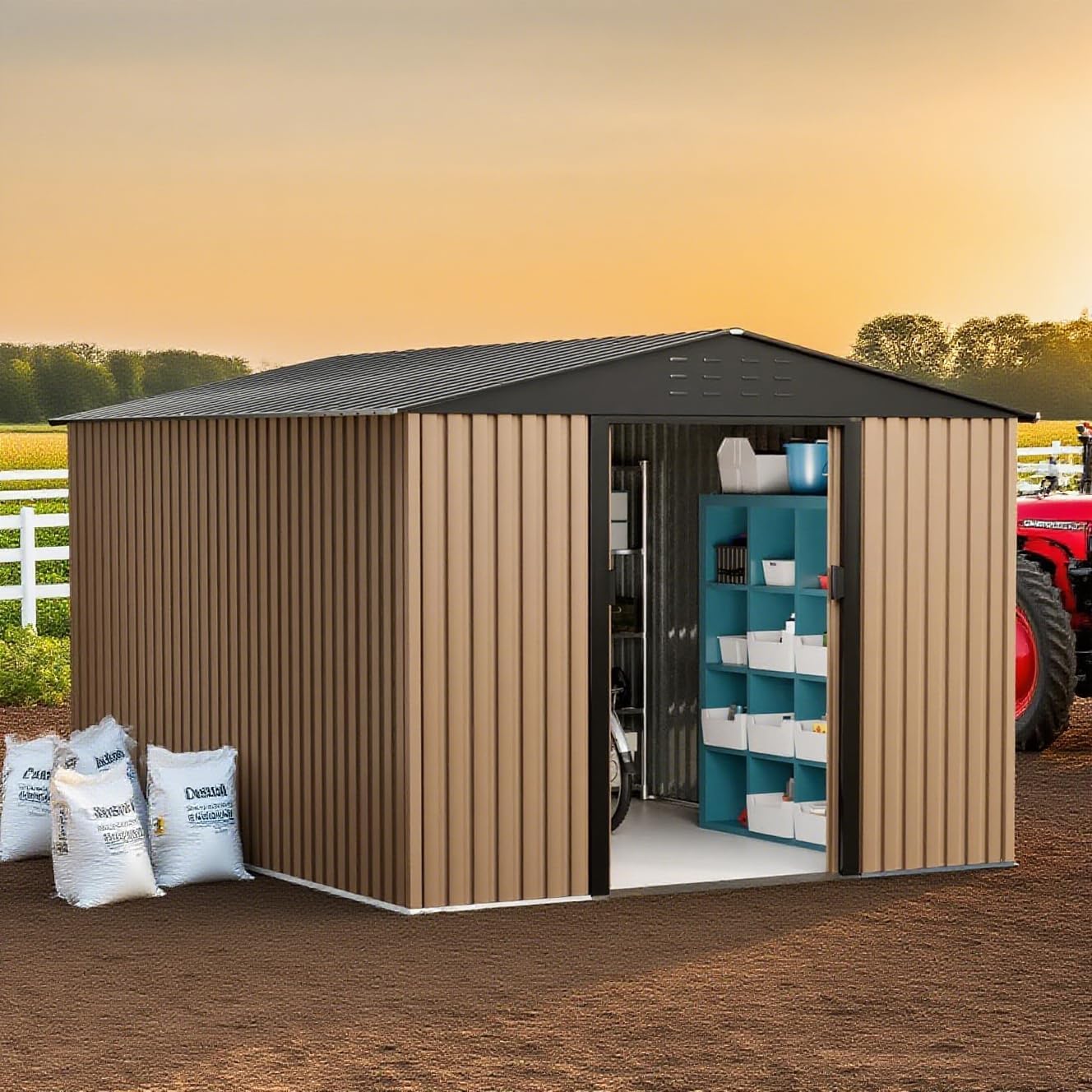 10 X 8 FT Storage Shed for Outdoor, Metal Tools Shed with Lockable Doors, Waterproof and Anti-UV, Slooping Roof House Large Sheds for Garden, Backyard, Patio, Poolside