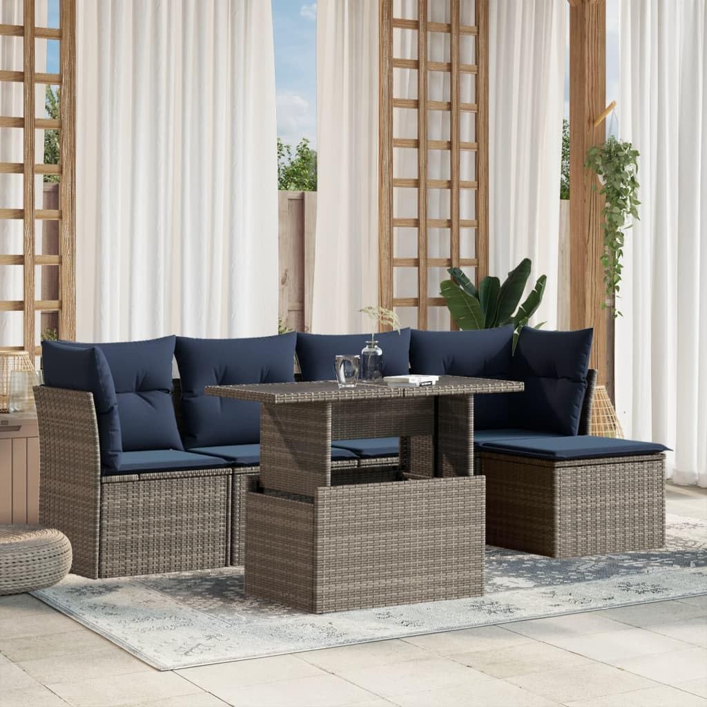 6 Piece Garden Sofa Set with Cushions, Grey Poly Rattan Outdoor Furniture, Adjustable Table, UV-Resistant Patio Dining Set