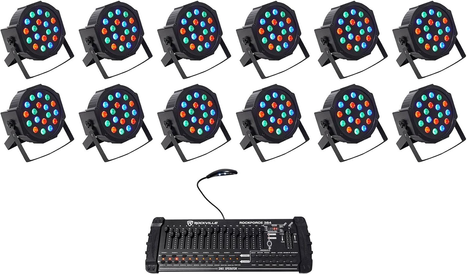 Rockville RockPAR50 Bundle: (12) LED RGB DJ/Club Compact Par Can DMX Wash Lights with Dual Mounting Brackets, ROCKFORCE 384 Channel DMX Lighting Controller with MIDI Control, 13-Items