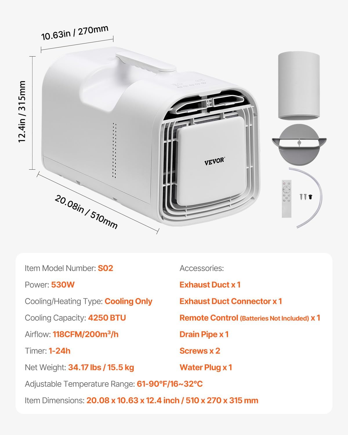 VEVOR Portable Air Conditioner, 4250 BTU 3-Speed Air Conditioning Unit with 24H Timer, Remote-Control Air Portable AC Adjustable Temperature 16-32℃, for Outdoor Tent Camping, RVs or Home Use, White