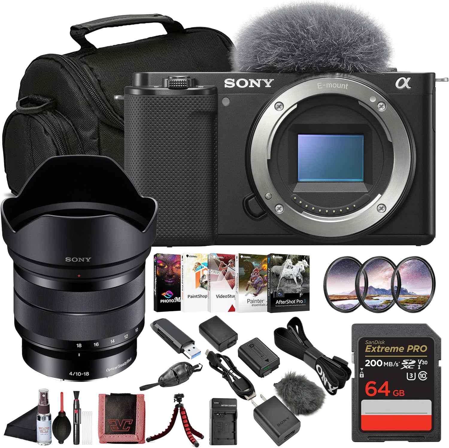 Sony ZV-E10 Mirrorless Digital Camera Body (ILCZV-E10) – 24.2 MP APS-C Sensor, 4K Video, Vari-Angle Screen w/Sony E 10-18mm Lens + 64GB Memory Card + Filter Kit and More