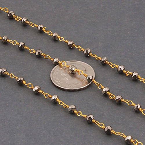 LKBEADS 50 Feet Black Pyrite Rosary Style Beaded Chain - Pyrite Beads Wire Wrapped 24k Gold Plated Chain